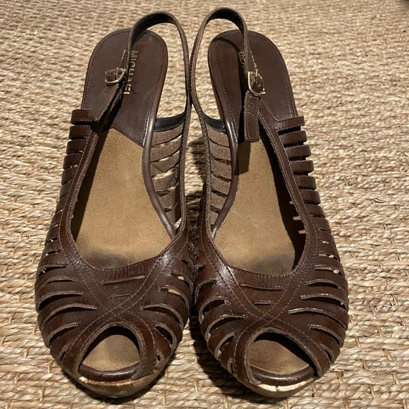 Michael Kors Brown Leather Strappy Sandals with Wooden Heels Size 8 - Picture 2 of 9